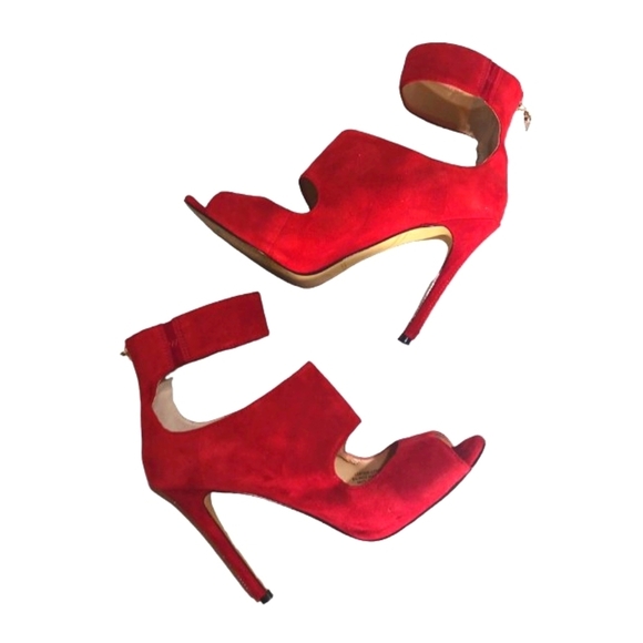ENZO ANGIOLINI Suede Red Peep Toe Zippered Pumps Heels 8.5 - Picture 2 of 14